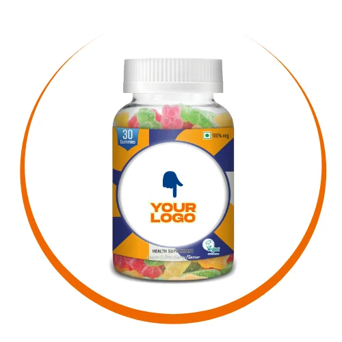 Vegan gummy vitamin supplement in lemon and strawberry flavor, 100% vegetarian, 30 gummies in a bottle with customizable branding